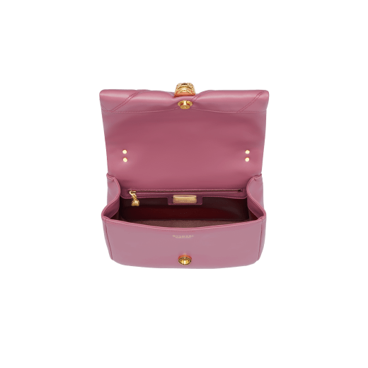 "Serpenti Cabochon" small maxi chain crossbody bag in soft quilted Blush Quartz pink calf leather, with a maxi graphic motif, and Deep Garnet bordeaux nappa leather internal lining. New Serpenti head closure in gold plated brass, finished with small pink mother-of pearl scales in the middle and red enamel eyes. 1165-NSM image 4