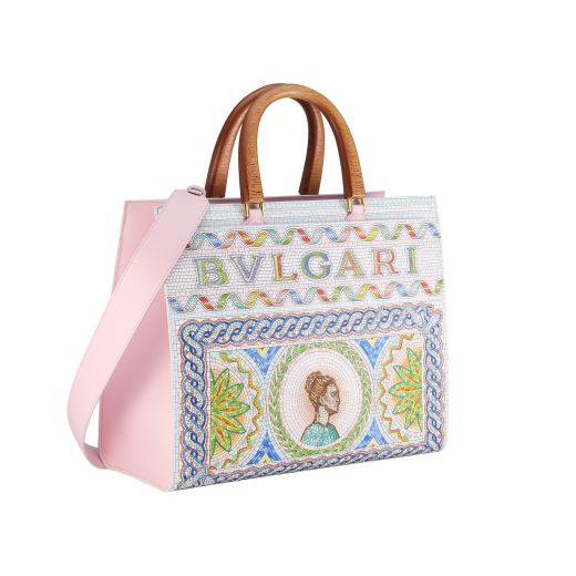 Casablanca x Bulgari large tote bag in soft grain printed calf leather featuring a Roman mosaic pattern, with dusty pink calf leather sides and dusty pink grosgrain lining. Iconic multicolor Bulgari decorative logo, gold-plated brass hardware and magnetic closure. 292416 image 2
