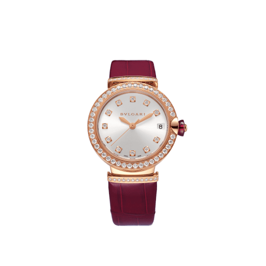 LVCEA watch with 18 kt rose gold and brilliant-cut diamond case, silver satiné soleil dial, diamond indexes and bordeaux alligator bracelet. 102329 image 1