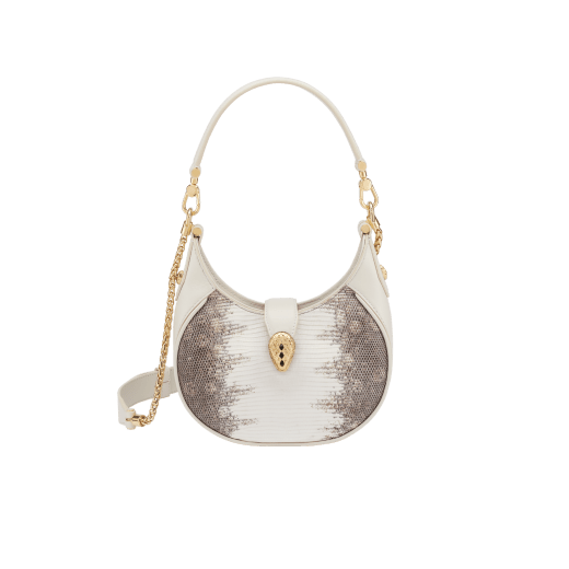Serpenti Ellipse small crossbody bag in white agate shiny lizard skin with beige and grey shades, and with caramel topaz beige nappa leather lining. Captivating snakehead closure in gold-plated brass embellished with black onyx scales and red enamel eyes. 291738 image 1