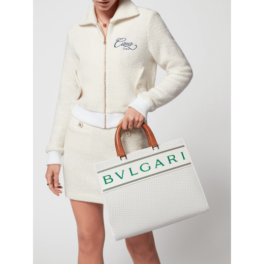 Casablanca x Bulgari large tote bag in white Tennis Groundstroke calf leather, perforated on the main body and smooth on the sides, with tennis green nappa leather lining. Iconic tennis green Bulgari decorative logo, stamped on a smooth white calf leather frame, and gold-plated brass hardware. 292331 image 6