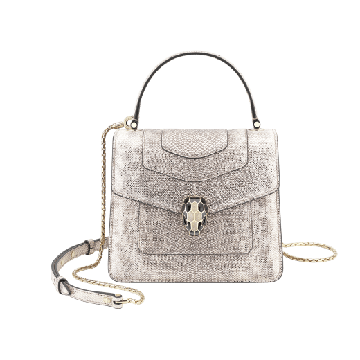 Serpenti Forever small top handle bag in white agate metallic karung skin with black nappa leather lining. Captivating snakehead closure in light gold-plated brass embellished with black and white agate enamel scales and black onyx eyes. 1122-MK image 1