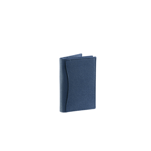 Business card holder in denim sapphire grain calf leather with brass palladium plated Bulgari Bulgari motif. Three credit card slots, one open pocket and business cards compartment. BBM-BC-HOLD-SIMPLEa image 3