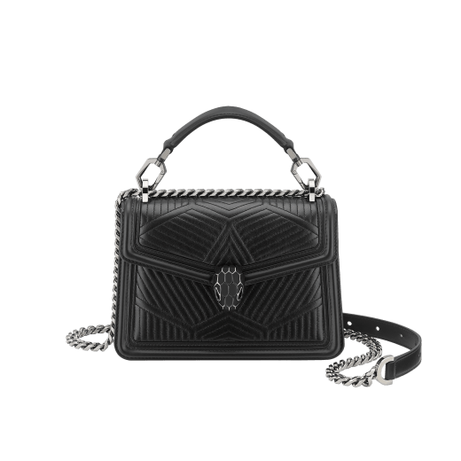 “Serpenti Diamond Blast” crossbody bag in white agate quilted nappa leather and emerald green smooth calf leather frames. Tempting snakehead closure in light gold-plated brass enriched with matte black and shiny emerald green enamel and black onyx eyes. 1063-FQDa image 1