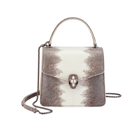Serpenti Forever small top handle bag in white agate shiny lizard skin with beige and grey shades, and with caramel topaz beige nappa leather lining. Captivating snakehead closure in dark ruthenium-plated brass embellished with brown-green and ivory opal enamel scales and black onyx eyes. 291484 image 1