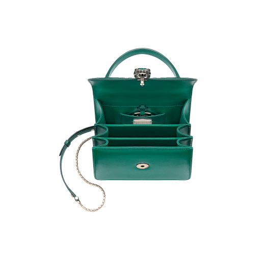 Serpenti Forever crossbody bag in sea star coral shiny croco skin and smooth calf leather. Snakehead closure in light gold plated brass decorated with black and white enamel, and green malachite eyes. 752-CLCR image 4