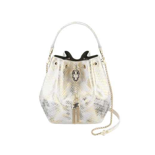 "Serpenti Forever" bucket bag in agate-white "Camo" python skin with Mimetic Jade green nappa leather inner lining. Alluring snakehead closure in light gold-plated brass enriched with black and pearly, agate-white enamel and black onyx eyes. 289844 image 1