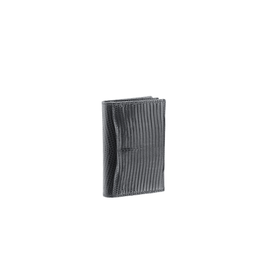 "BVLGARI BVLGARI" business-card holder in shiny Charcoal Diamond grey lizard skin and black calfskin. Palladium-plated brass embellishment with logo. BBM-BC-HOLD-SIMPLE-sl image 3