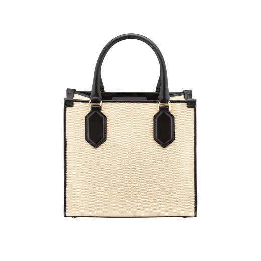 "Bvlgari Logo" small tote bag in Natural beige canvas, with black grosgrain inner lining. Bvlgari logo featured with light gold-plated brass chain inserts on the black calf leather. BVL-CC image 3