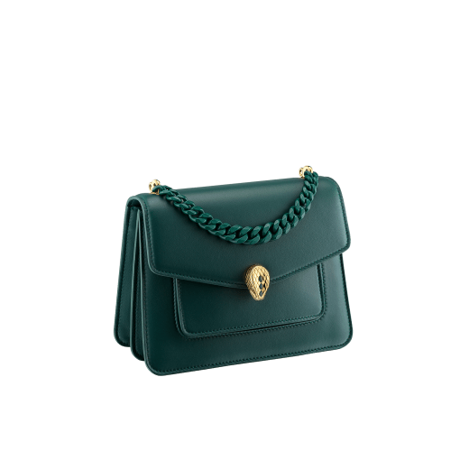"Serpenti Forever" small maxi chain crossbody bag in black nappa leather, with black nappa leather inner lining. New Serpenti head closure in dark ruthenium-plated brass and finished with small black onyx scales in the middle and red enamel eyes. 1134-MCNb image 2