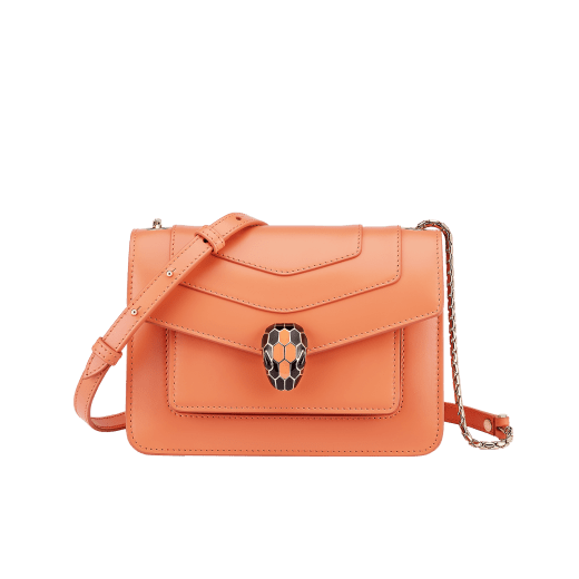 “Serpenti Forever” crossbody bag in mint calf leather. Iconic snakehead closure in light gold plated brass enriched with black and white agate enamel and green malachite eyes. 1082-CLb image 1