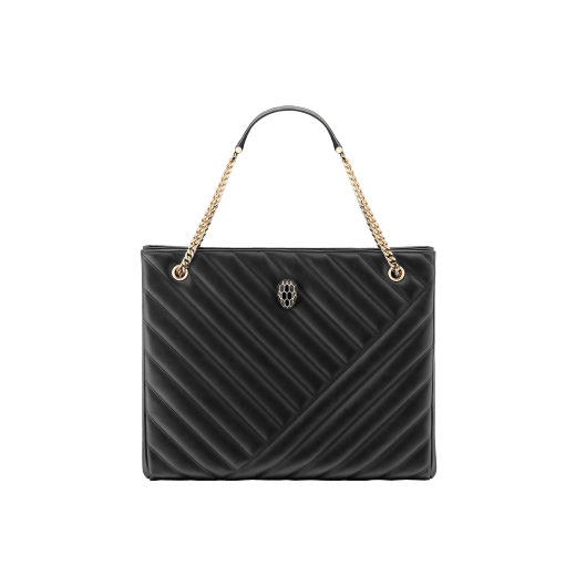 Serpenti Cabochon tote bag in soft matelassé black nappa leather with graphic motif and black calf leather. Snakehead decòr in rose gold plated brass embellished with matte black and shiny black enamel, and black onyx eyes. 990-NSM image 1