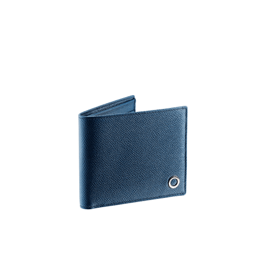 Wallet hipster for men in denim sapphire grain calf leather with brass palladium plated hardware featuring the BVLGARI BVLGARI motif. Eight credit card slots, two bill compartments and four inside compartments. BBM-WLT-HIPST-8Ca image 1