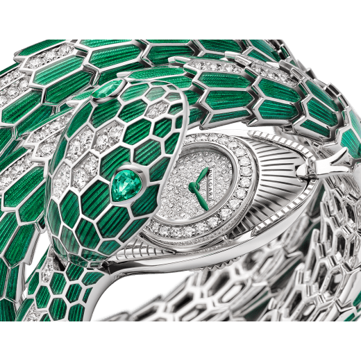 Serpenti Misteriosi High Jewellery secret watch with mechanical manufacture micro-movement with manual winding, 18 kt white gold case and bracelet with green lacquer, brilliant-cut diamonds and two pear-cut emeralds, with pavé-set diamond dial. 103560 image 3