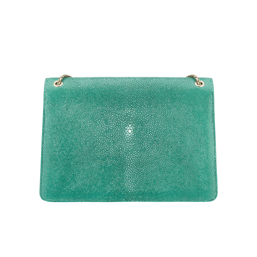 “Serpenti Forever” shoulder bag in emerald green galuchat skin. Iconic snake head closure in light gold plated brass enriched with black enamel, malachite scales and black onyx eyes. 289026 image 3