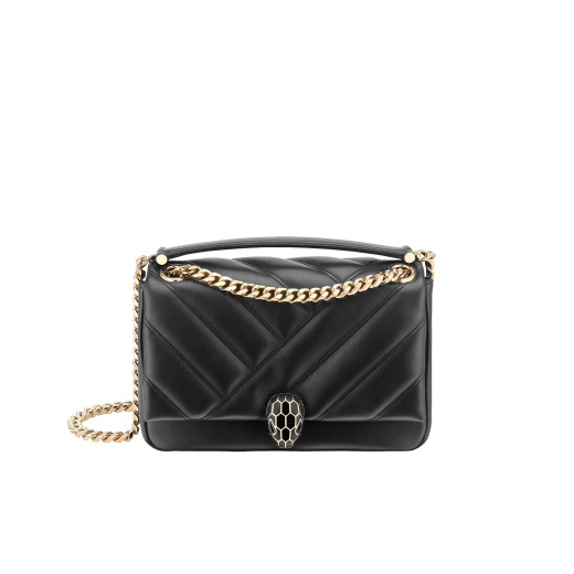 Serpenti Cabochon shoulder bag in soft matelassé white agate nappa leather with graphic motif and white agate calf leather. Snakehead closure in rose gold plated brass decorated with matte black and white enamel, and black onyx eyes. 981-NSM image 1