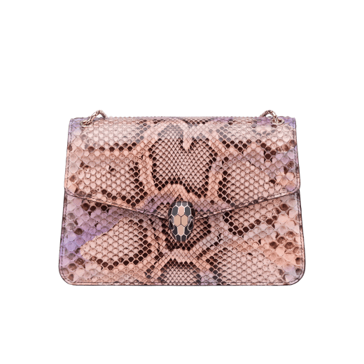 Serpenti Forever shoulder bag in multicolour Early Bright python skin with caramel topaz beige nappa leather lining. Captivating snakehead closure in light gold-plated brass embellished with black and caramel topaz beige enamel scales and black onyx eyes. 291720 image 1