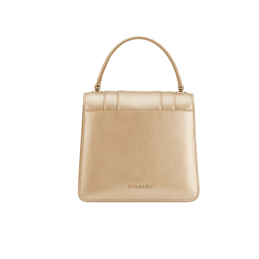 Serpenti Forever small top handle bag in white agate calf leather with heather amethyst fuchsia grosgrain lining. Captivating snakehead closure in light gold-plated brass embellished with black and white agate enamel scales and green malachite eyes. 1122-CLa image 3