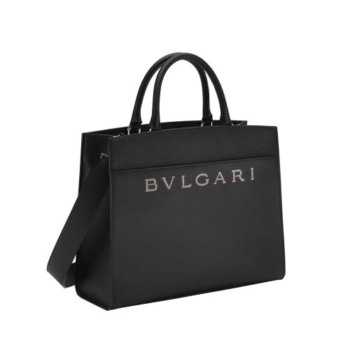 Bulgari Logo tote bag in ivory opal smooth and grain calf leather with black gros grain lining. Iconic Bvlgari logo decorative chain motif in light gold-plated brass. BVL-1192 image 2