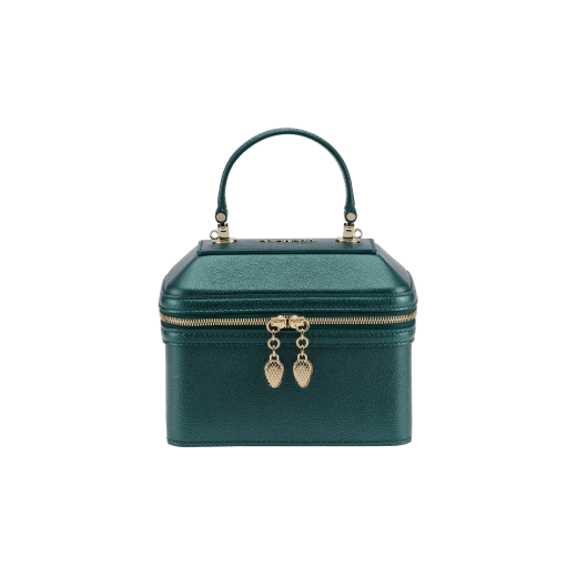 Serpenti Forever jewellery box bag in twilight sapphire blue Urban grain calf leather with Niagara sapphire blue nappa leather lining. Captivating snakehead zip pullers and chain strap decors in light gold-plated brass. 1177-UCL image 1