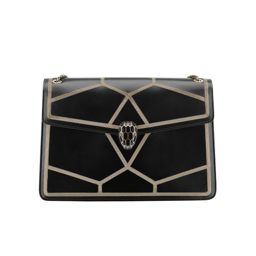 “Serpenti Forever” shoulder bag in black calf leather and Million chain frame body and black calf leather sides. Iconic snake head closure in light gold plated brass enriched with black enamel and black onyx eyes. 521-GCP image 1