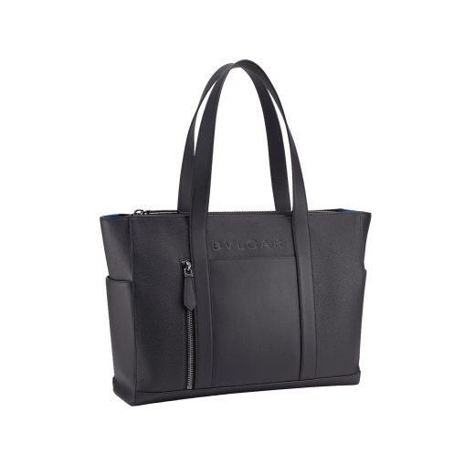 BULGARI Man large horizontal tote bag in ivy onyx grey smooth and grainy metal-free calf leather with Olympian sapphire blue regenerated nylon (ECONYL®) lining. Dark ruthenium-plated brass hardware, hot stamped BULGARI logo and zipped closure. BMA-1211-CL image 2