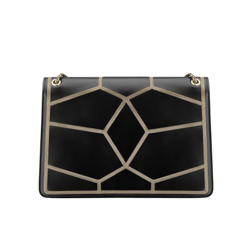 “Serpenti Forever” shoulder bag in black calf leather and Million chain frame body and black calf leather sides. Iconic snake head closure in light gold plated brass enriched with black enamel and black onyx eyes. 521-GCP image 3