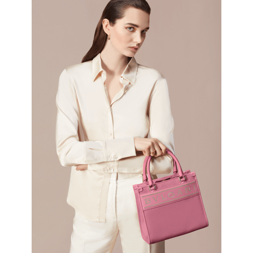 "Bvlgari Logo" small tote bag in Ivory Opal white calf leather, with Beet Amethyst purple grosgrain inner lining. Bvlgari logo featured with light gold-plated brass chain inserts on the Ivory Opal white calf leather. BVL-1159-CL image 5