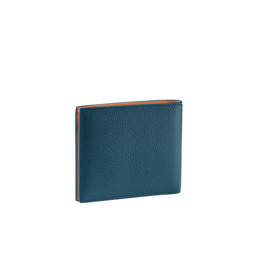 "BVLGARI BVLGARI" hipster compact wallet in denim sapphire soft full grain calf leather and capri turquoise calf leather. Iconic logo decoration in palladium plated brass coloured in capri turquoise enamel. BBM-WLT-HIPST-8C-SFGCL image 3