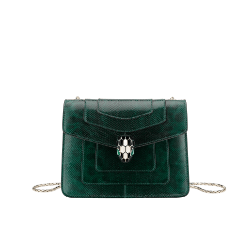 “Serpenti Forever” crossbody bag in shiny forest emerald karung skin. Iconic snakehead closure in light gold plated brass enriched with black and white enamel and green malachite eyes. 287357 image 1
