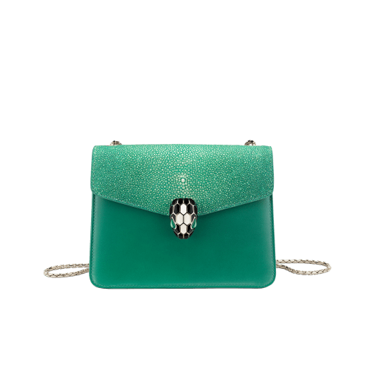 Flap cover bag Serpenti Forever in emerald green galuchat skin and calf leather with brass light gold plated Serpenti head closure in black and white enamel with eyes in green malachite. 37035 image 1