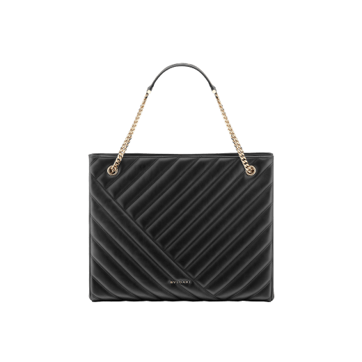 Serpenti Cabochon tote bag in soft matelassé black nappa leather with graphic motif and black calf leather. Snakehead decòr in rose gold plated brass embellished with matte black and shiny black enamel, and black onyx eyes. 990-NSM image 3