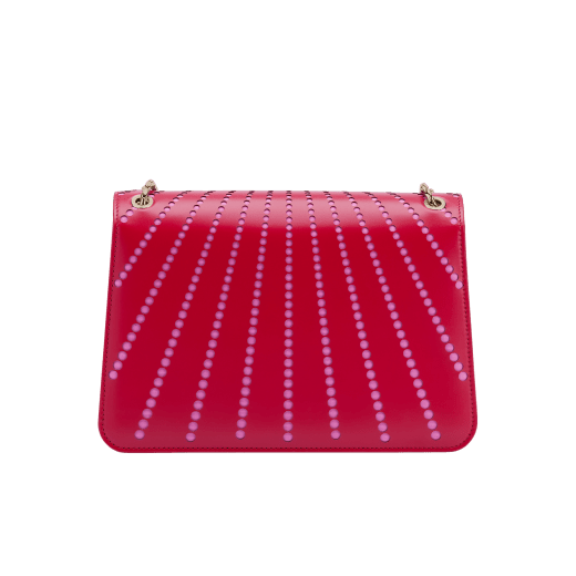 Serpenti Forever medium shoulder bag in amaranth garnet red laser-cut calf leather with taffy quartz pink nappa leather lining. Captivating snakehead closure in light gold-plated brass embellished with matt and shiny amaranth garnet red enamel scales and black onyx eyes. 1205-LCCL image 3