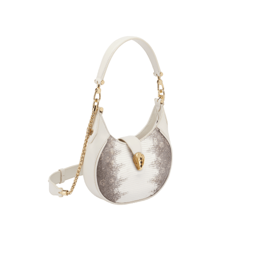 Serpenti Ellipse small crossbody bag in white agate shiny lizard skin with beige and grey shades, and with caramel topaz beige nappa leather lining. Captivating snakehead closure in gold-plated brass embellished with black onyx scales and red enamel eyes. 291738 image 2