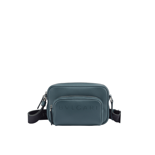 BULGARI Man small camera bag in black smooth and grainy metal-free calf leather with Olympian sapphire blue regenerated nylon (ECONYL®) lining. Dark ruthenium-plated brass hardware, hot stamped BULGARI logo and zipped closure. BMA-1206-CL image 1