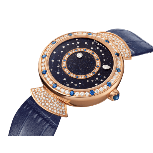 DIVAS' DREAM watch with mechanical manufacture movement, automatic winding, 18 kt rose gold case set with round brilliant-cut diamonds and sapphires, aventurine rotating discs with diamonds and printed constellations and dark blue alligator bracelet 102843 image 2