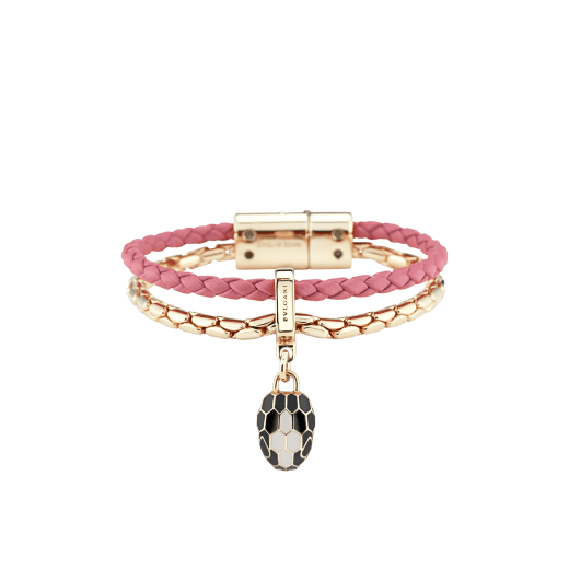 "Serpenti Forever" bracelet in Blush Quartz pink braided calf leather and light gold plated brass snake body-shaped chain, with the iconic snakehead charm in black and white agate enamel and black enamel eyes. Magnetic clasp closure. SerpBraidChain-WCL-BQ image 1