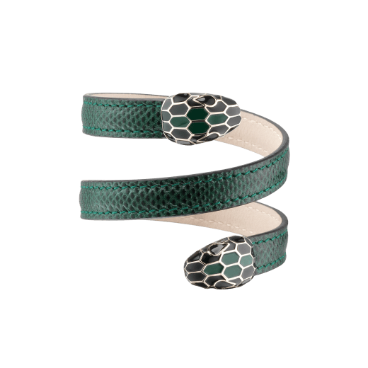 Multi-coiled rigid Cleopatra bracelet in forest emerald shiny karung skin with brass light gold plated hardware. Double tempting Serpenti head finished in black and forest emerald enamel. Cleopatra-SK-FE image 1