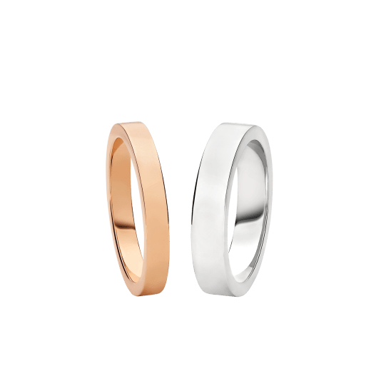 Marryme Eheringe mit unterschiedlicher Höhe aus Platin (4,3 mm) und 18 Karat Roségold (3 mm). Ein unverwechselbares Ring-Set für Paare, das modernes Design mit zeitloser Eleganz verschmelzen lässt. MARRYME-COUPLES-RINGS-2 image 1