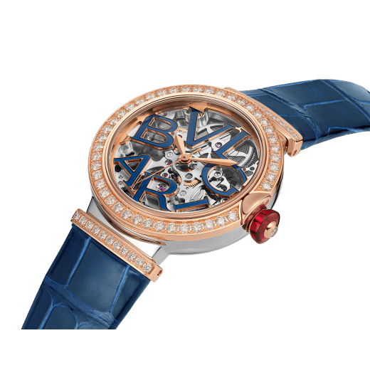 LVCEA Skeleton watch with mechanical manufacture movement, automatic winding and skeleton execution, polished stainless steel case, 18 kt rose gold bezel and links set with diamonds, blue lacquered openwork BVLGARI logo dial and blue alligator bracelet. Water-resistant up to 30 metres 103304 image 2
