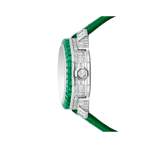 Octo Roma Grande Sonnerie watch with mechanical manufacture movement, automatic winding, Grande and Petite Sonnerie, 4-hammer Westminster chime and minute repeater. 18 kt white gold case set with baguette-cut emeralds and diamonds, transparent case back, dial set with baguette-cut diamonds and green alligator bracelet. Water-resistant up to 30 metres. One-of-a-kind timepiece. 103553 image 4
