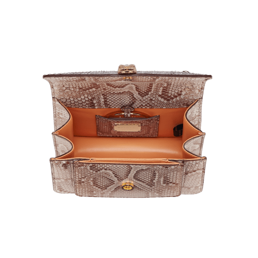 Serpenti Forever Maxi Chain medium crossbody bag in coral carnelian orange Mystical python skin with coral carnelian orange nappa leather lining. Captivating snakehead closure in rose gold-plated brass embellished with mother-of-pearl scales and red enamel eyes. MC-MP-CC image 5