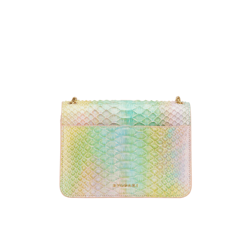 Serpenti Forever small crossbody bag in multicolour Spring Shade python skin with sunbeam citrine yellow nappa leather lining. Captivating snakehead closure in gold-plated brass embellished with sunbeam citrine yellow enamel scales and black onyx eyes. 291808 image 3
