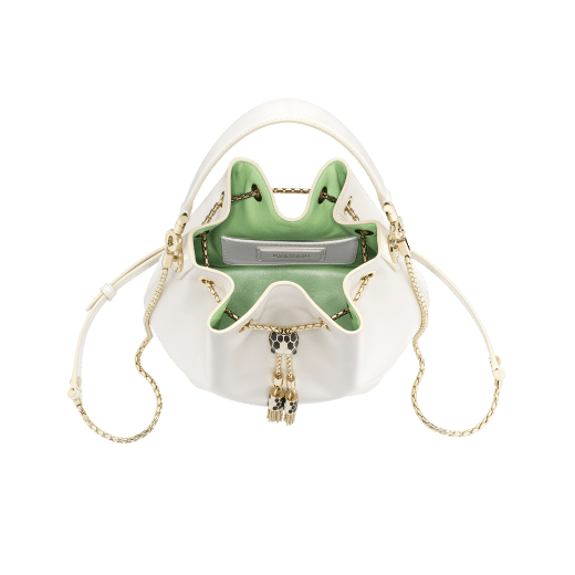 "Serpenti Forever" bucket in white agate smooth calf leather and mint nappa internal lining. Hardware in light gold plated brass and snakehead closure in black and white agate enamel, with eyes in black onyx. 934-CLa image 2