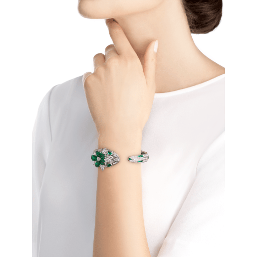 Serpenti Misteriosi Secret Watch with 18 kt white gold head set with brilliant-cut and marquise-shaped diamonds and pear-shaped emeralds and emerald eyes, 18 kt white gold case and dial both set with brilliant-cut diamonds, and 18 kt white gold bracelet set with brilliant-cut diamonds and buff-top cut emeralds 103037 image 3