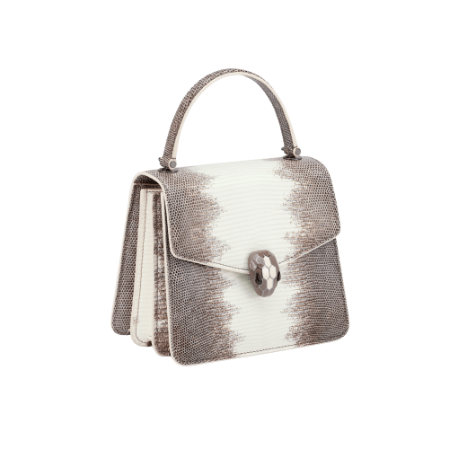 Serpenti Forever small top handle bag in white agate shiny lizard skin with beige and grey shades, and with caramel topaz beige nappa leather lining. Captivating snakehead closure in dark ruthenium-plated brass embellished with brown-green and ivory opal enamel scales and black onyx eyes. 291484 image 2