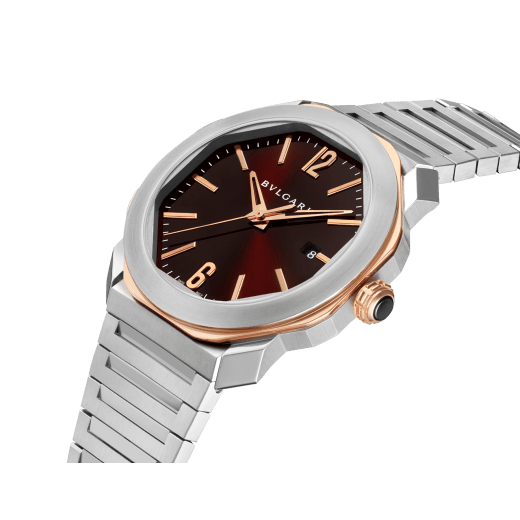 Octo Roma watch with mechanical manufacture movement, automatic winding, stainless steel case and bracelet, 18 kt rose gold octagon and brown dial. Water resistant up to 50 metres 103210 image 2