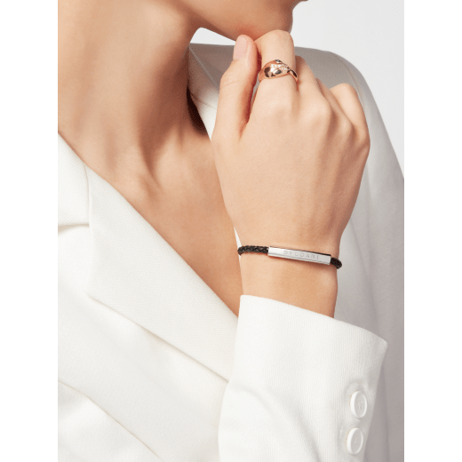 BULGARI BULGARI bracelet in black braided calf leather. Silver plate in the middle engraved with iconic BULGARI logo and silver clasp closure. LOGOPLATEW-WCL-B image 2