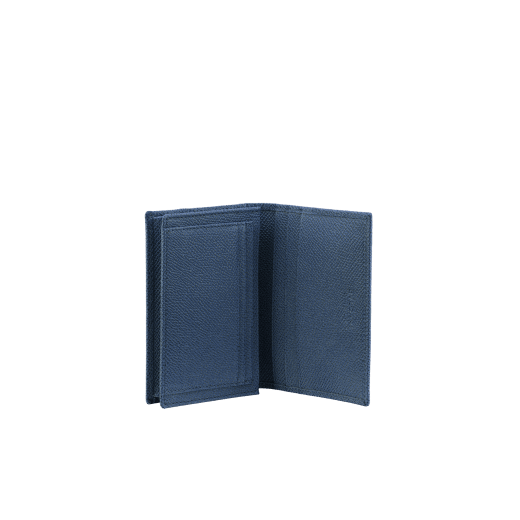 Business card holder in denim sapphire grain calf leather with brass palladium plated Bulgari Bulgari motif. Three credit card slots, one open pocket and business cards compartment. BBM-BC-HOLD-SIMPLEa image 2