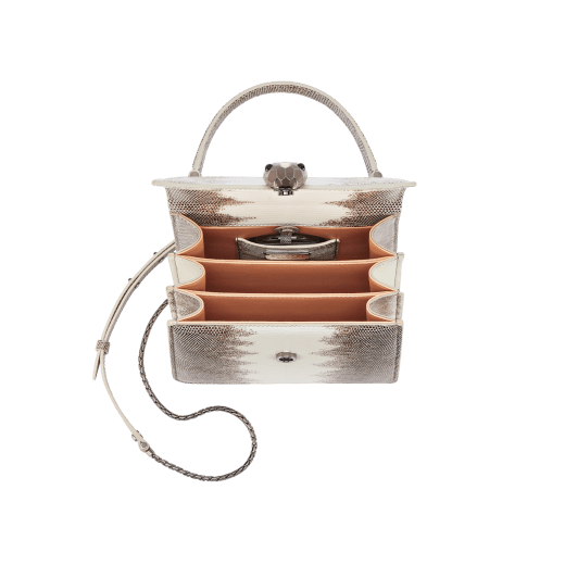 Serpenti Forever small top handle bag in white agate shiny lizard skin with beige and grey shades, and with caramel topaz beige nappa leather lining. Captivating snakehead closure in dark ruthenium-plated brass embellished with brown-green and ivory opal enamel scales and black onyx eyes. 291484 image 4